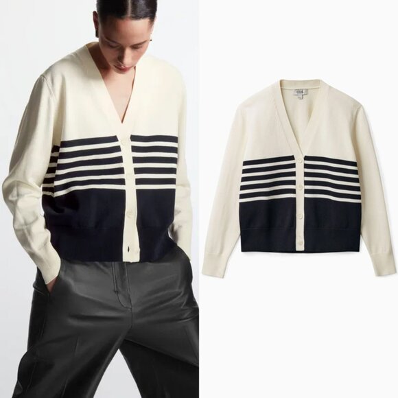 COS Striped Cardigan 100% Cotton V Neck Cream Black Relaxed Fit Size S Preppy - Picture 1 of 16